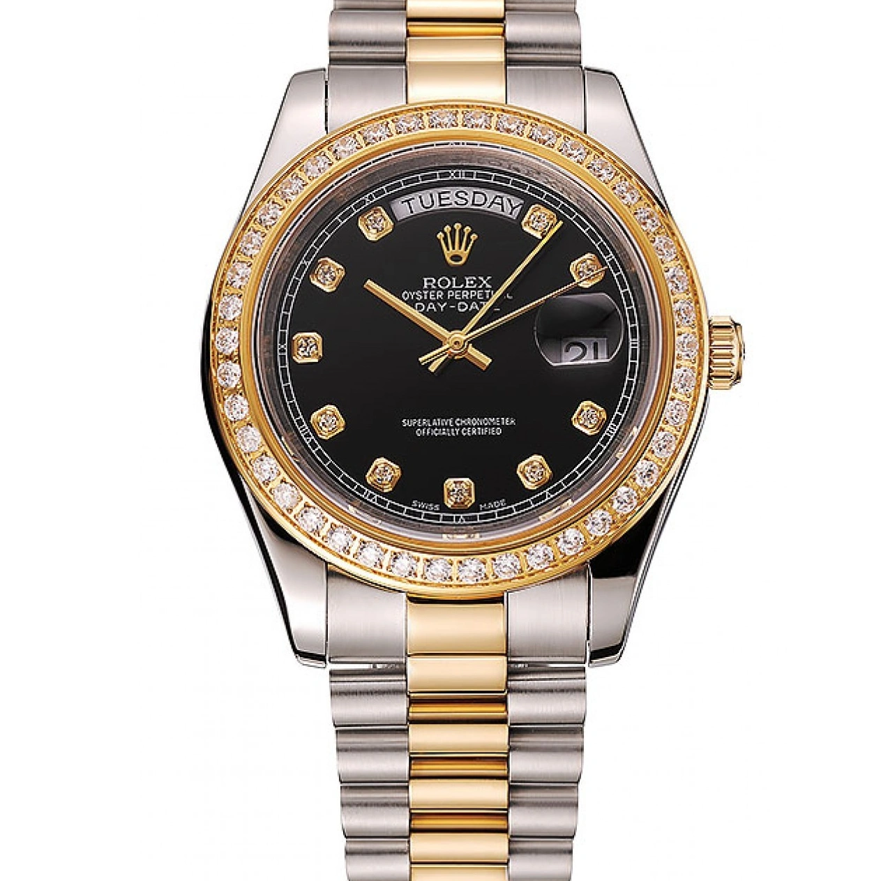 RepTime Watches 0211 Swiss Rolex Day-Date Black Dial Gold Diamond Case Two Tone Stainless Steel Bracelet 1453975