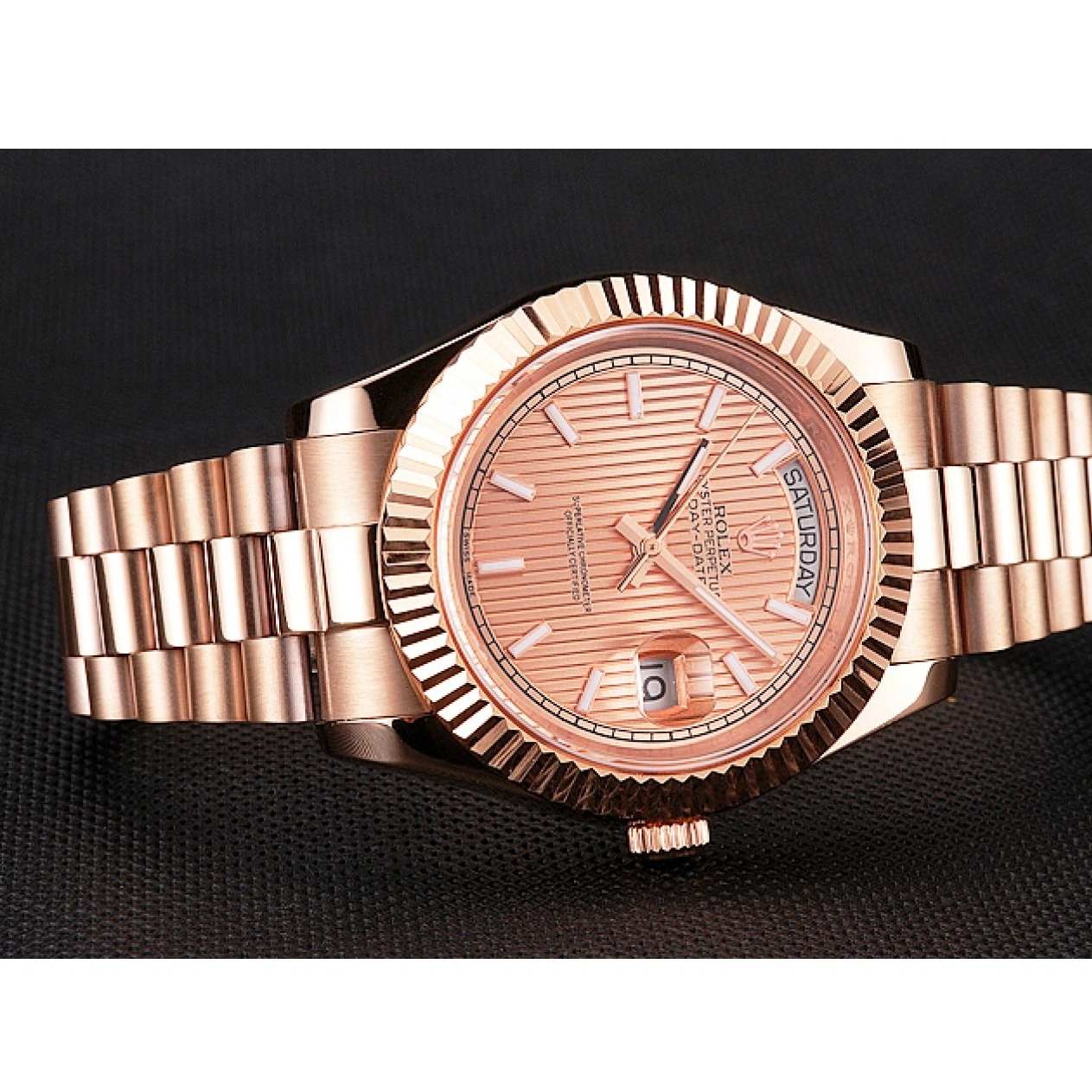 RepTime Watches 0221 Swiss Rolex Day Date 40 Rose Gold Etched Dial Rose Gold Case And Bracelet