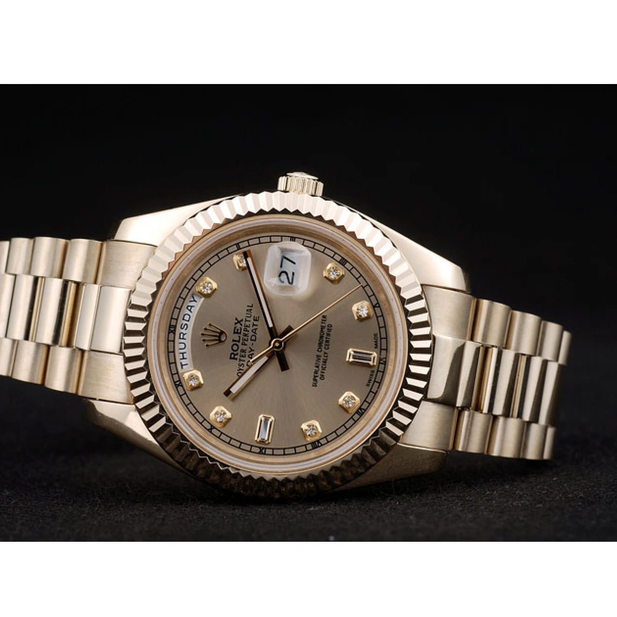 RepTime Watches 0221 Rolex Swiss DayDate Gold Stainless Steel Ribbed Bezel Gold Dial 41997