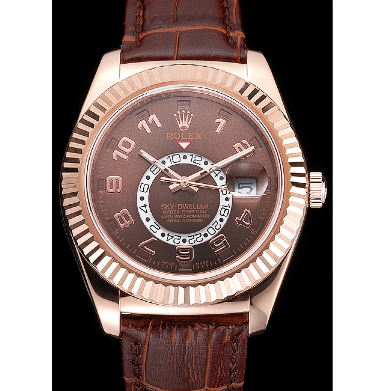 RepTime Watches 0218 Rolex Sky Dweller Brown Dial Rose Gold Case Brown Leather Strap