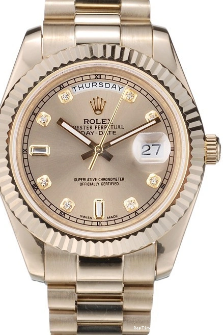 RepTime Watches 0220 Rolex DayDate Gold Stainless Steel Ribbed Bezel Goldish Dial 41979