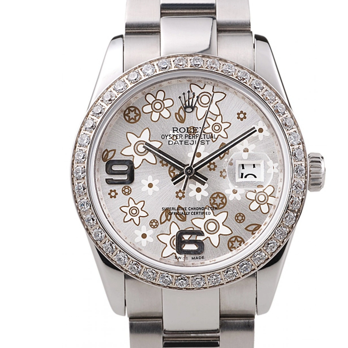 RepTime Watches 0220 Rolex Datejust Stainless Steel Silver Flowers Dial Diamond Plated rl305