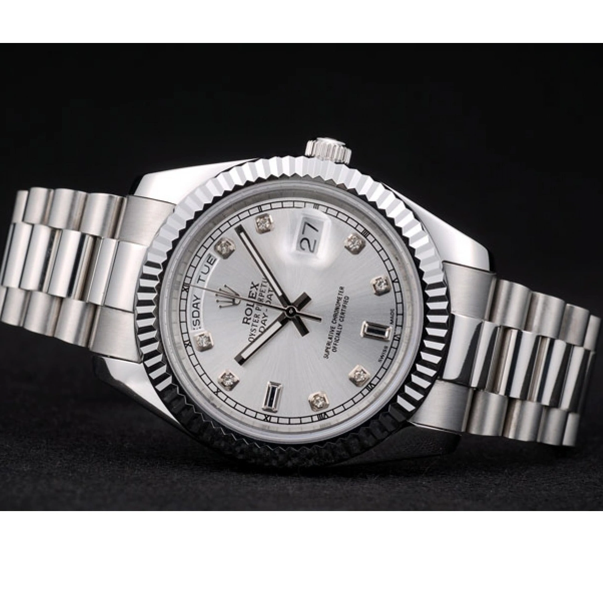 RepTime Watches 0211 Rolex Swiss DayDate Stainless Steel Ribbed Bezel Silver Dial 41995