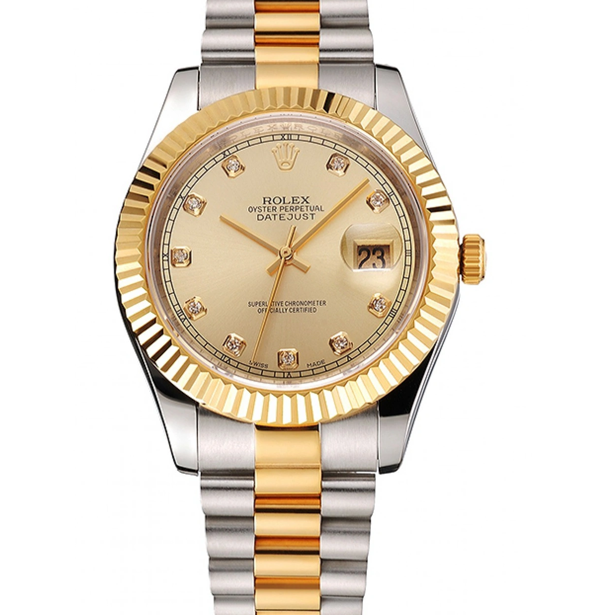 RepTime Watches 0225 Swiss Rolex Datejust Gold Dial And Bezel Stainless Steel Case Two Tone Bracelet