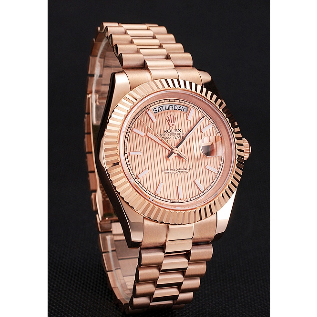 RepTime Watches 0213 Swiss Rolex Day Date 40 Rose Gold Etched Dial Rose Gold Case And Bracelet