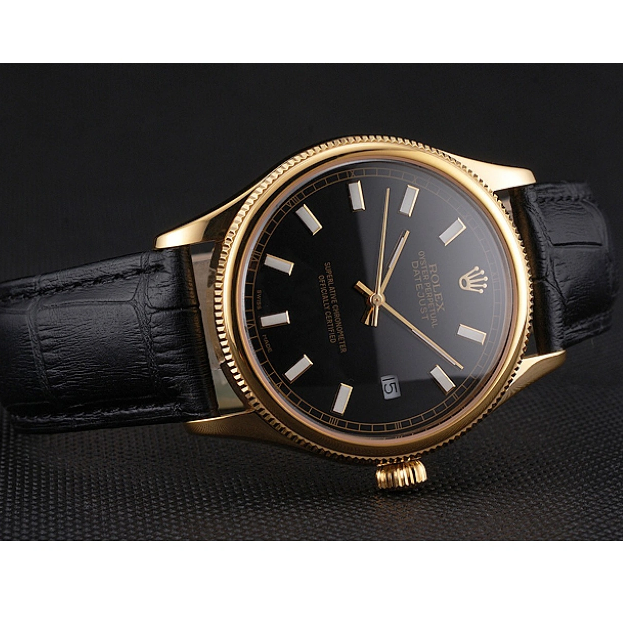 RepTime Watches 0215 Swiss Rolex Datejust Black Dial Gold Case Black Leather Strap