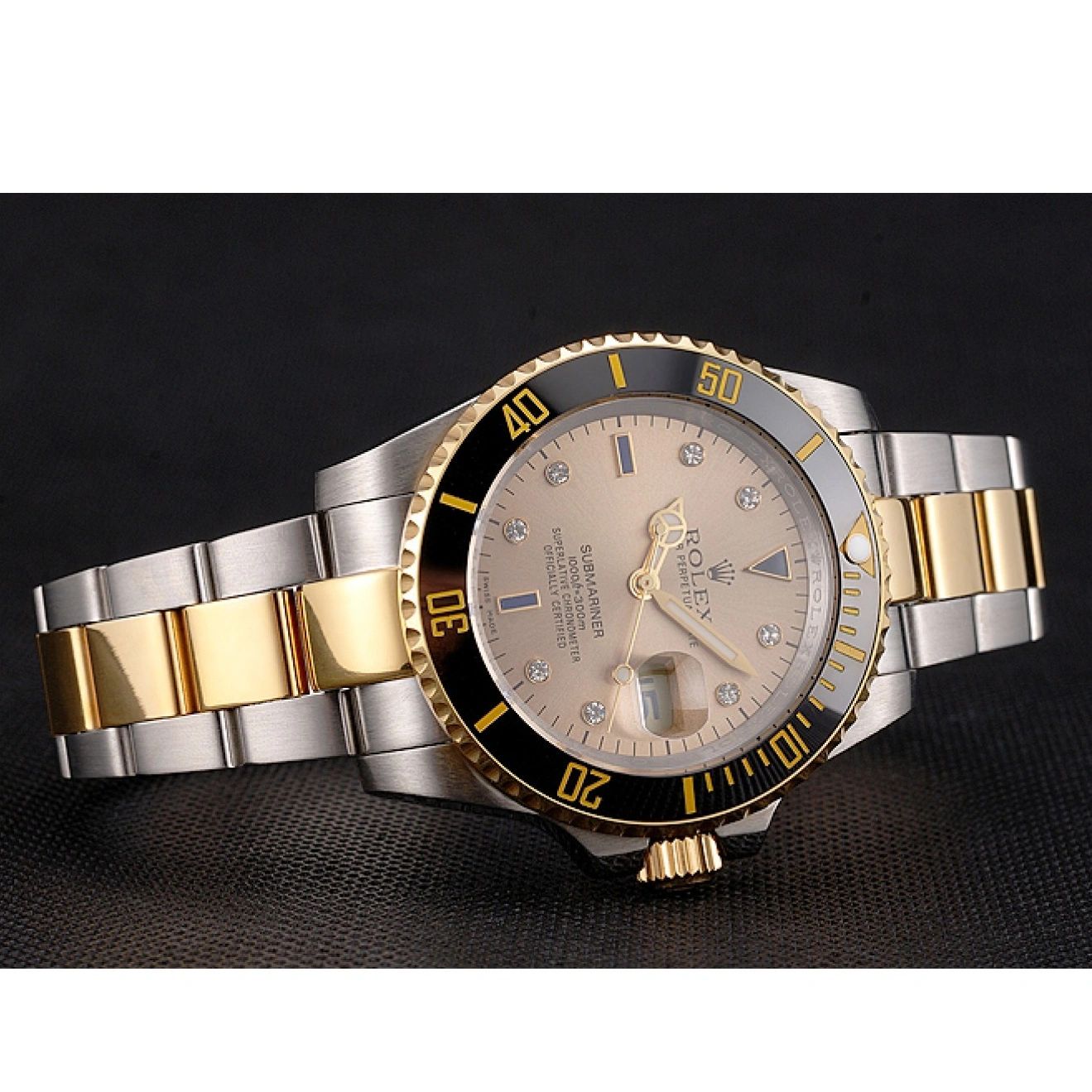 RepTime Watches 0215 Swiss Rolex Submariner Gold Dial Diamond Markings Black Bezel Two Tone Steel Gold Bracelet