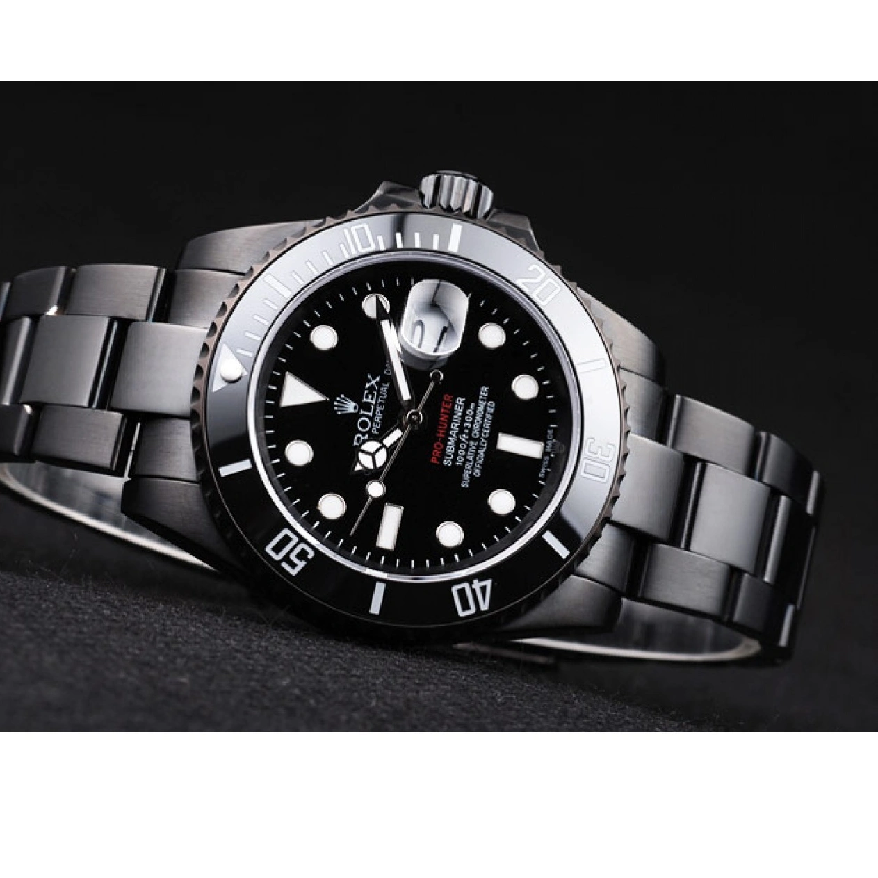 RepTime Watches 0211 Rolex Swiss Submariner Pro-Hunter Black Steel Strap Black Dial