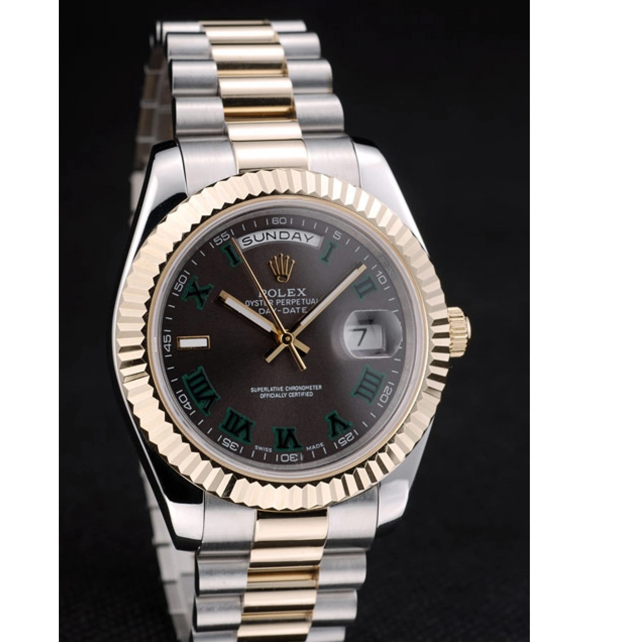 RepTime Watches 0219 Rolex Swiss DayDate Gold Stainless Steel Ribbed Bezel Grey Dial 41909