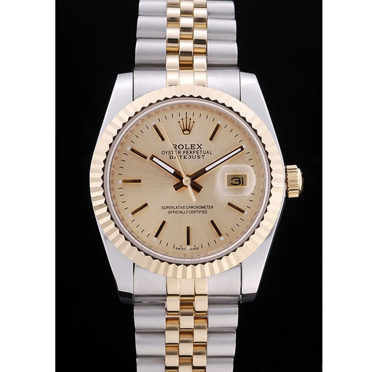 RepTime Watches 0226 Rolex Datejust Gold Dial Ribbed Bezel 7450