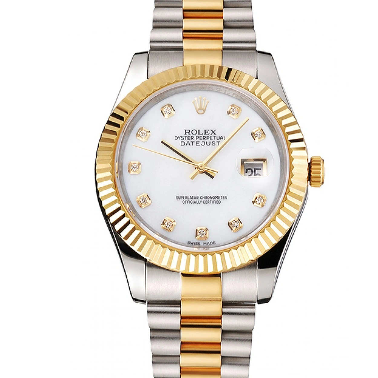 RepTime Watches 0216 Swiss Rolex Datejust White Dial Diamond Hour Marks Gold Bezel Stainless Steel Case Two Tone Bracelet