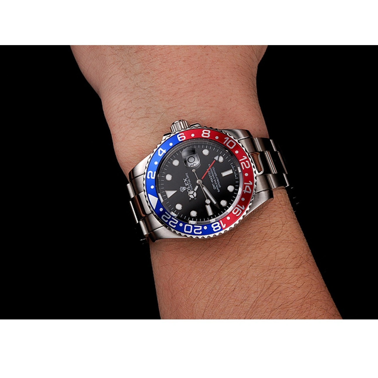 RepTime Watches 0220 Swiss Rolex GMT Master II Black Dial Pepsi Bezel Stainless Steel Case And Bracelet 1453751