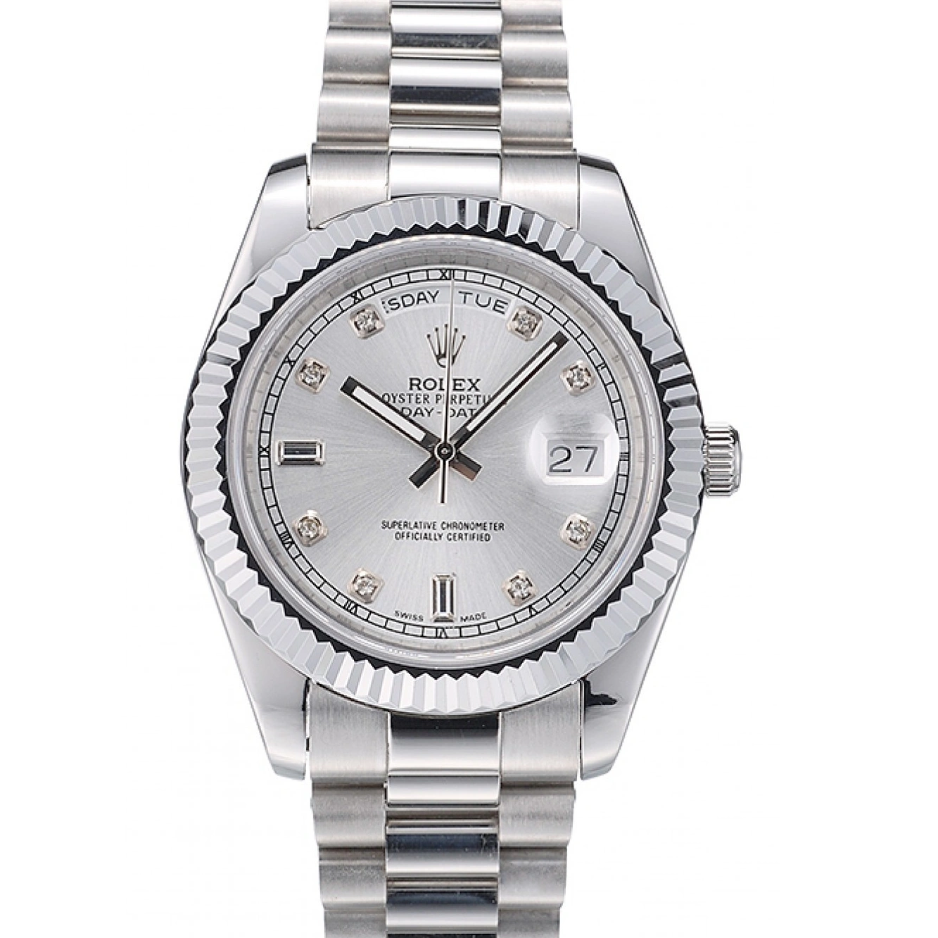 RepTime Watches 0211 Rolex Swiss DayDate Stainless Steel Ribbed Bezel Silver Dial 41995