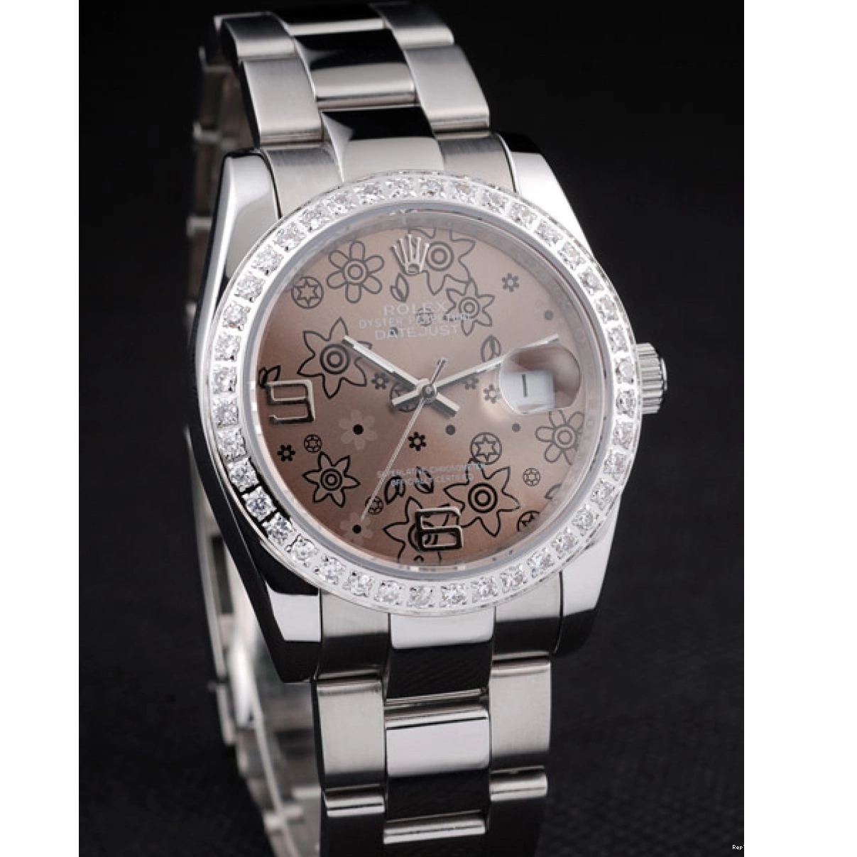 RepTime Watches 0215 Rolex Datejust Polished Stainless Steel Brown Flowers Dial Diamond Plated