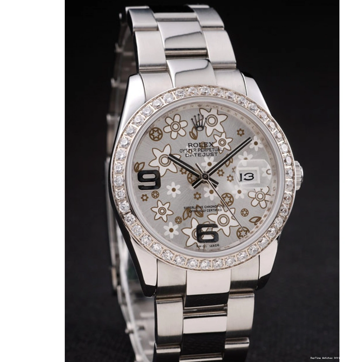 RepTime Watches 0220 Rolex Datejust Stainless Steel Silver Flowers Dial Diamond Plated rl305