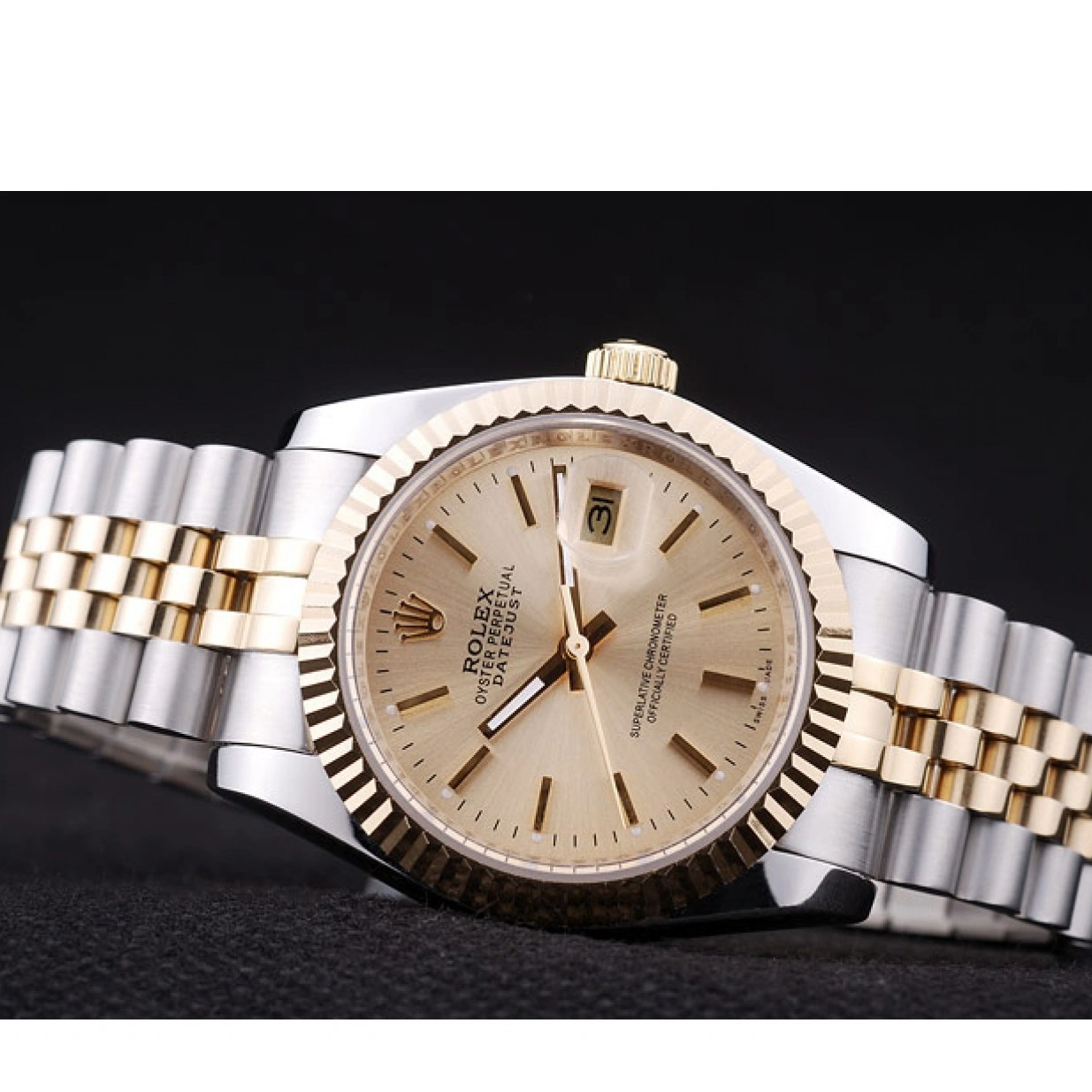 RepTime Watches 0226 Rolex Datejust Gold Dial Ribbed Bezel 7450