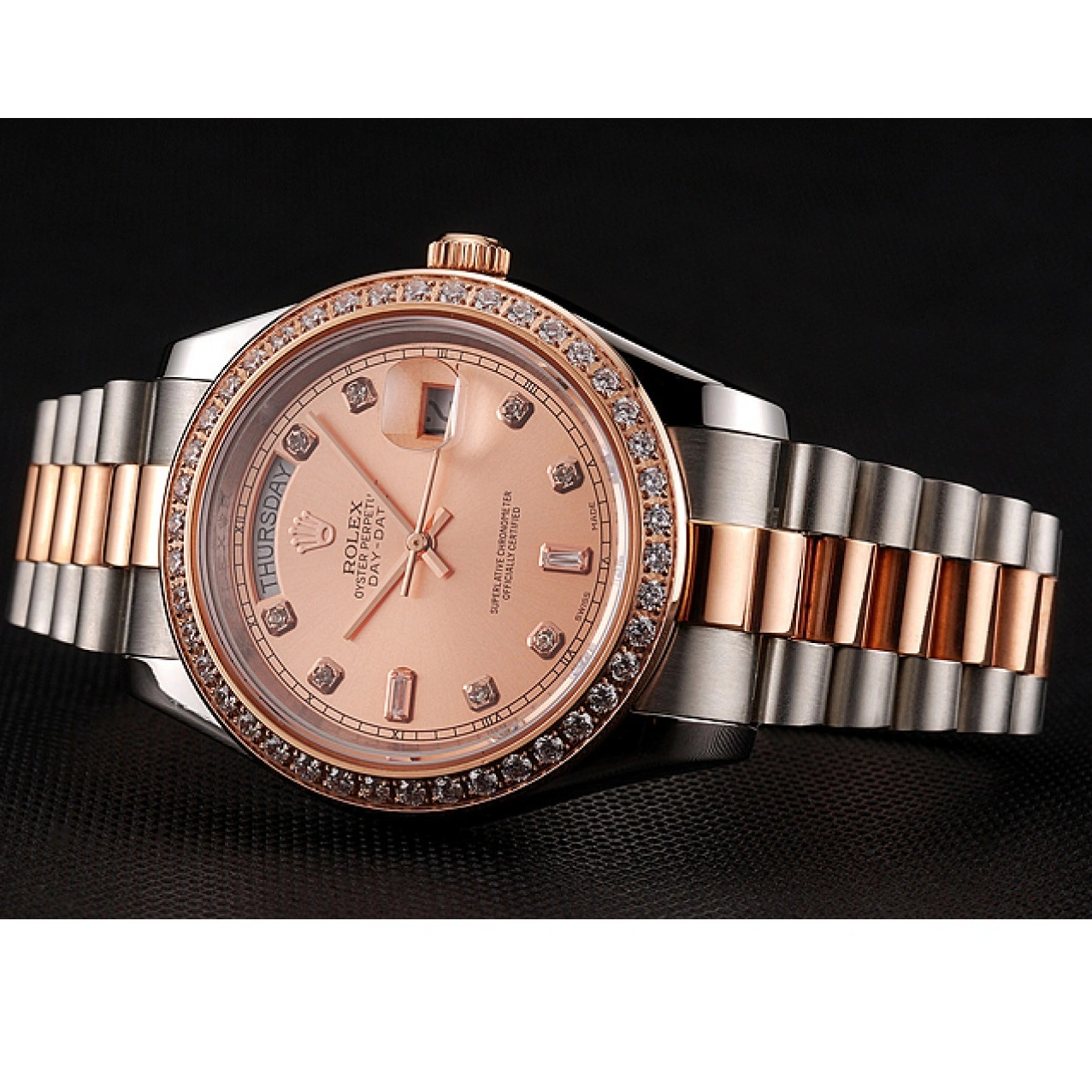 RepTime Watches 0212 Swiss Rolex Day-Date Diamonds Bezel Rose Gold And Staineless Steel Bracelet 1454107