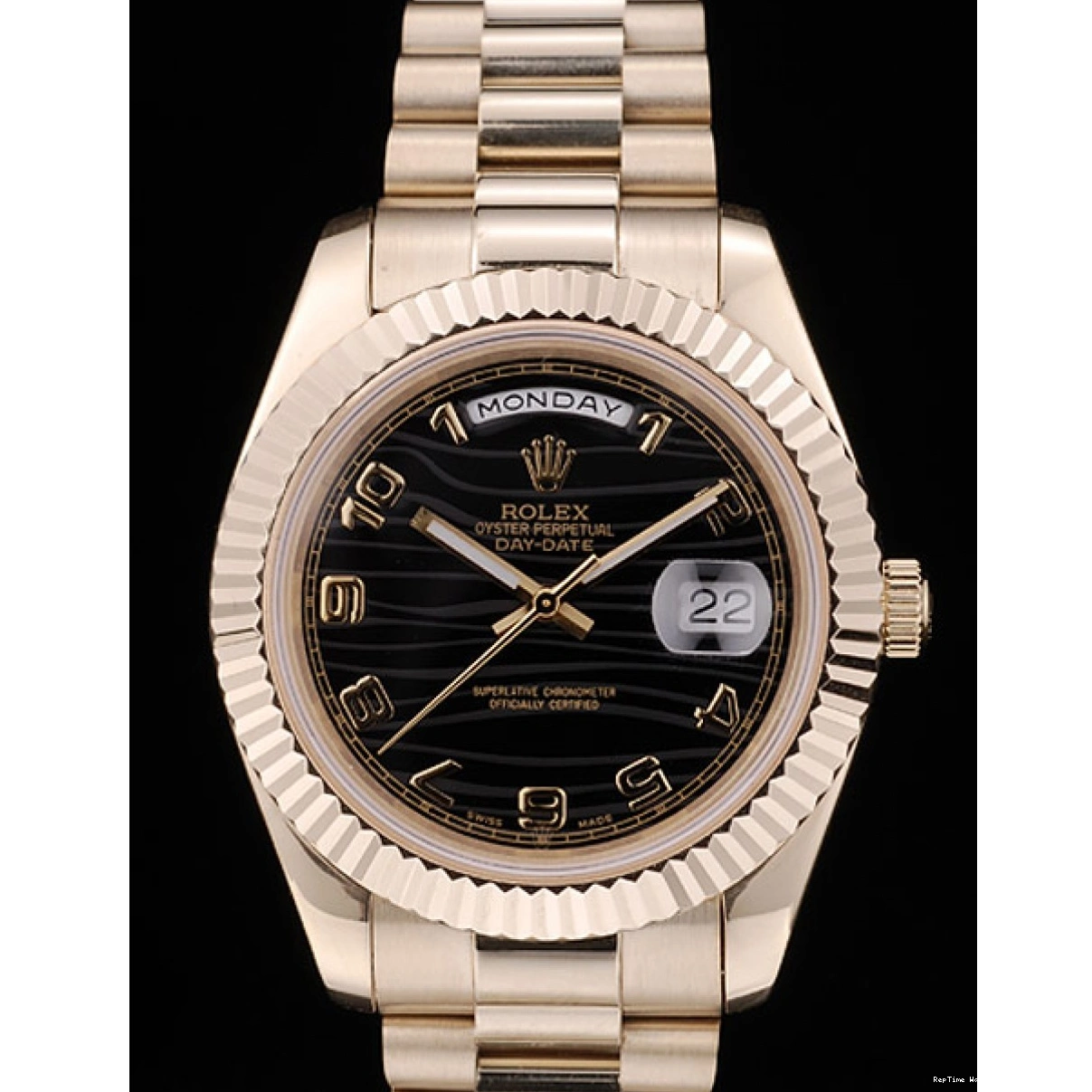 RepTime Watches 0212 Rolex DayDate Black Patterned Dial Gold Stainless Steel Strap 41980