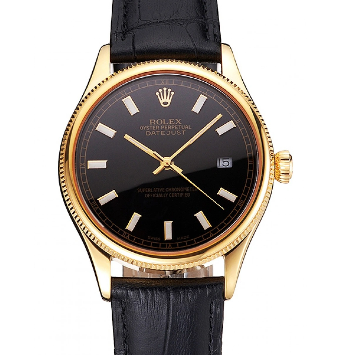 RepTime Watches 0215 Swiss Rolex Datejust Black Dial Gold Case Black Leather Strap