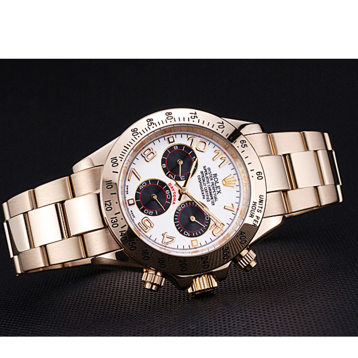 RepTime Watches 0226 Rolex Cosmograph Daytona White with Black Subdials Gold Bracelet 622548