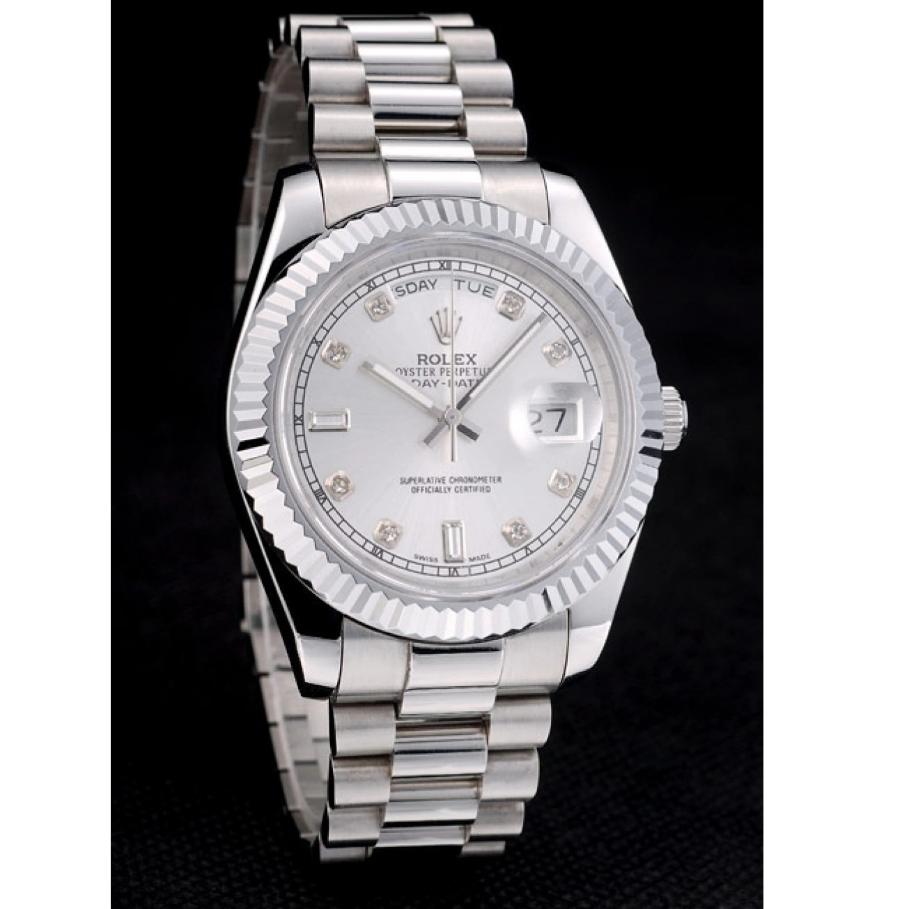 RepTime Watches 0215 Rolex Swiss DayDate Stainless Steel Ribbed Bezel Silver Dial 41995