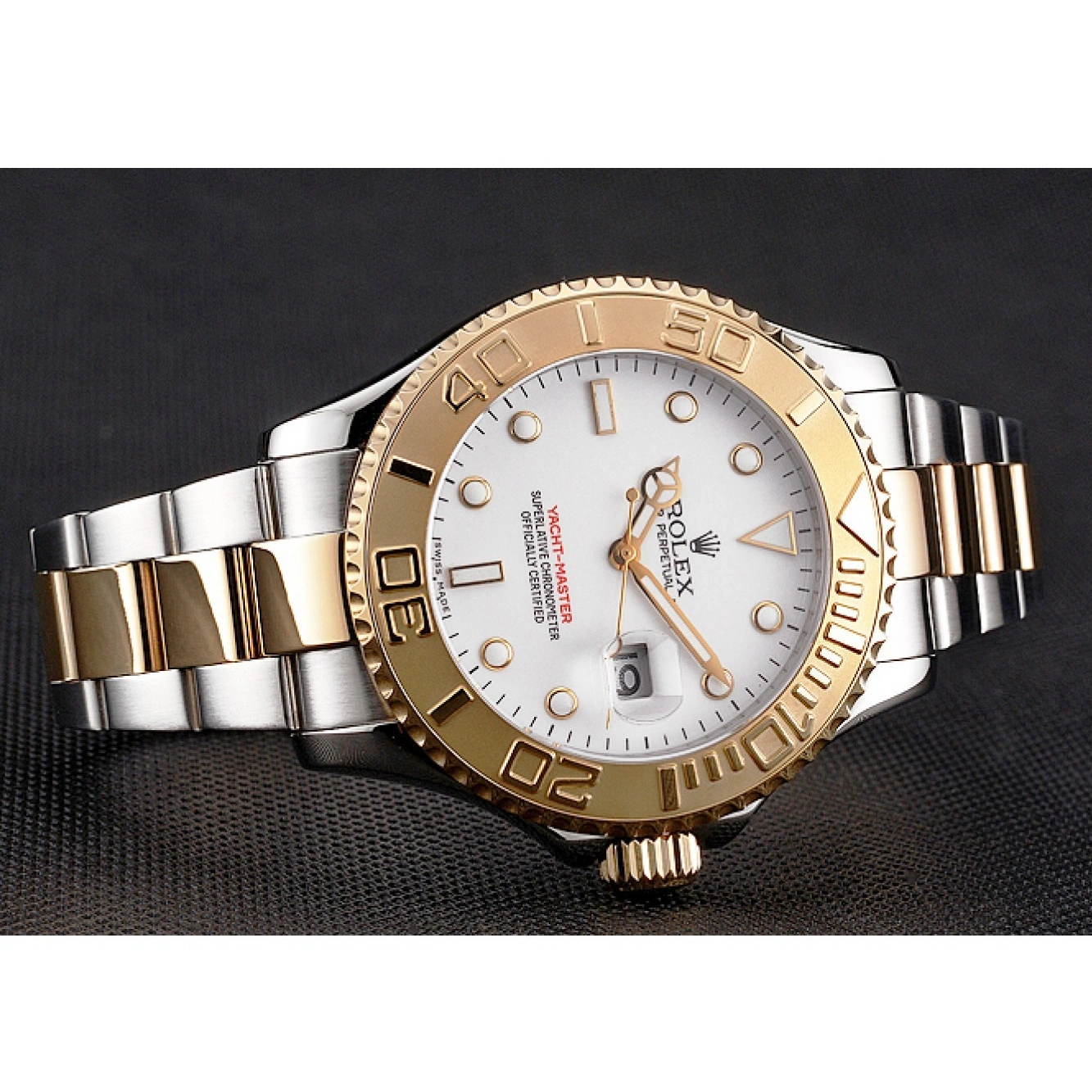 RepTime Watches 0219 Rolex Yacht-Master White Dial Gold Bezel Stainless Steel Case Two Tone Bracelet