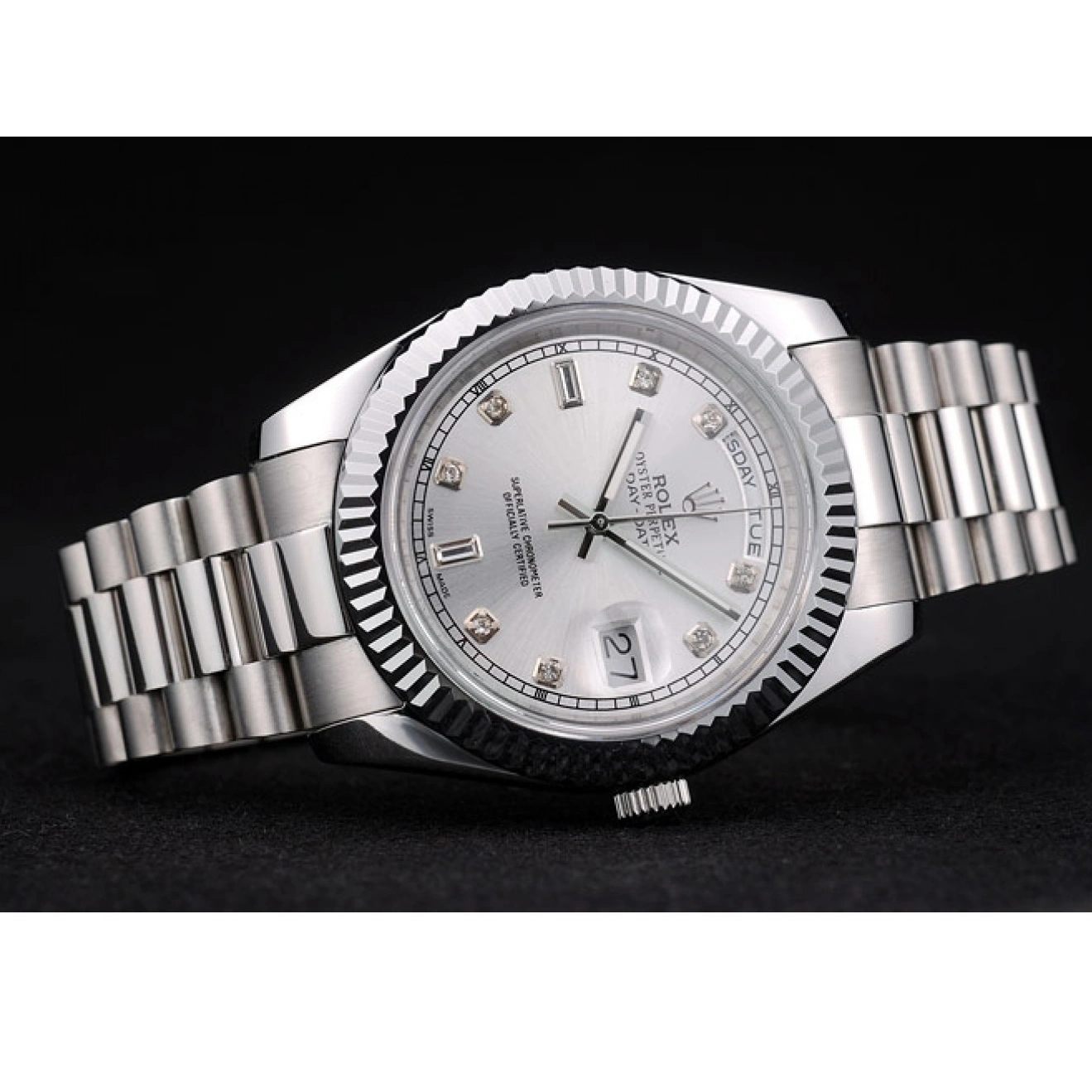 RepTime Watches 0211 Rolex Swiss DayDate Stainless Steel Ribbed Bezel Silver Dial 41995