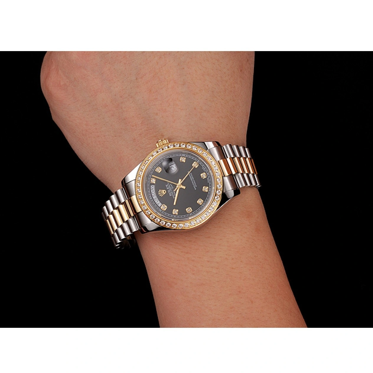 RepTime Watches 0211 Swiss Rolex Day-Date Black Dial Gold Diamond Case Two Tone Stainless Steel Bracelet 1453975