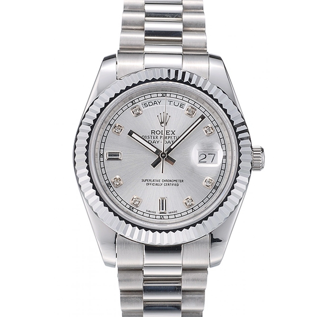 RepTime Watches 0220 Rolex Swiss DayDate Stainless Steel Ribbed Bezel Silver Dial 41995