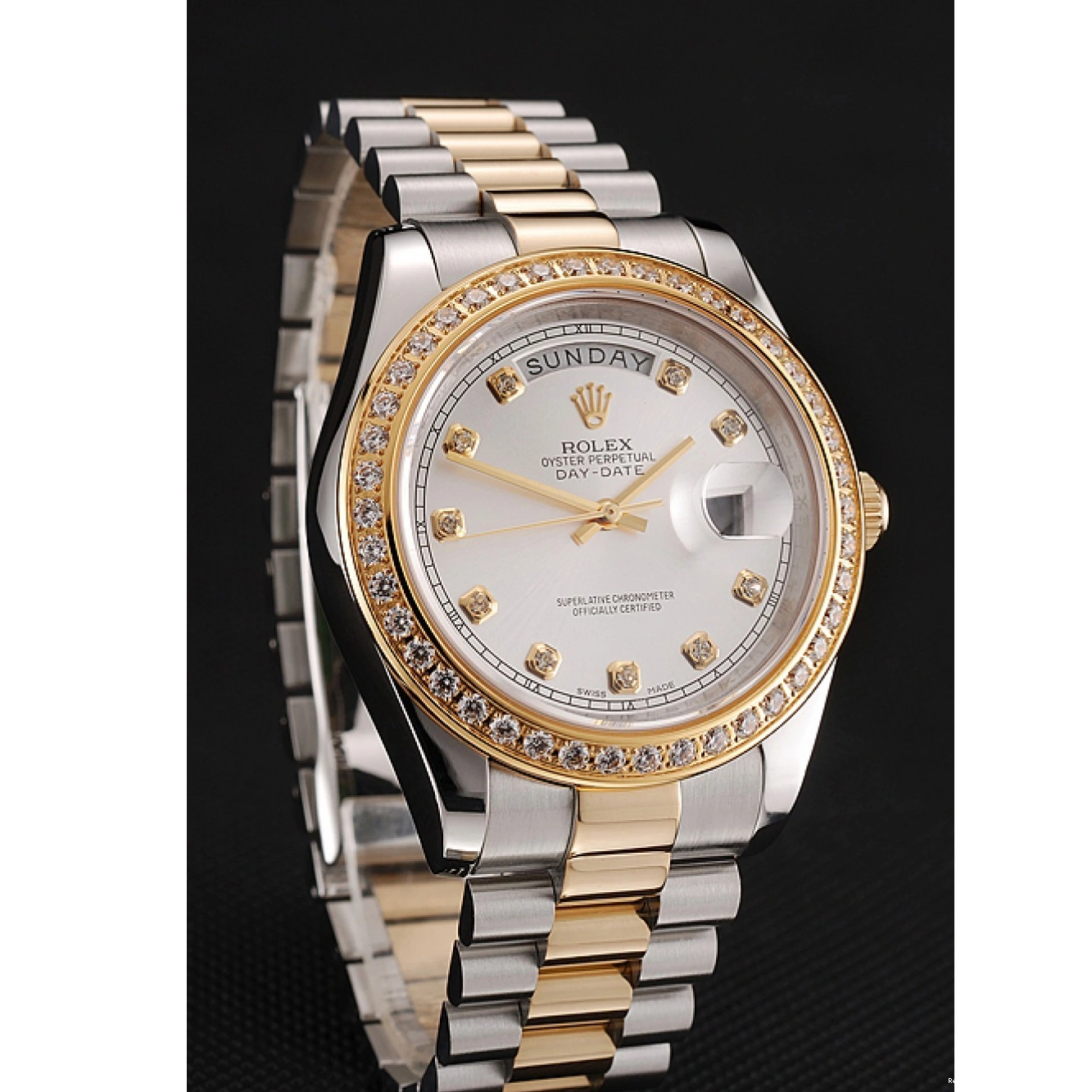 RepTime Watches 0219 Swiss Rolex Day-Date White Dial Gold Diamond Case Two Tone Stainless Steel Bracelet 1453971