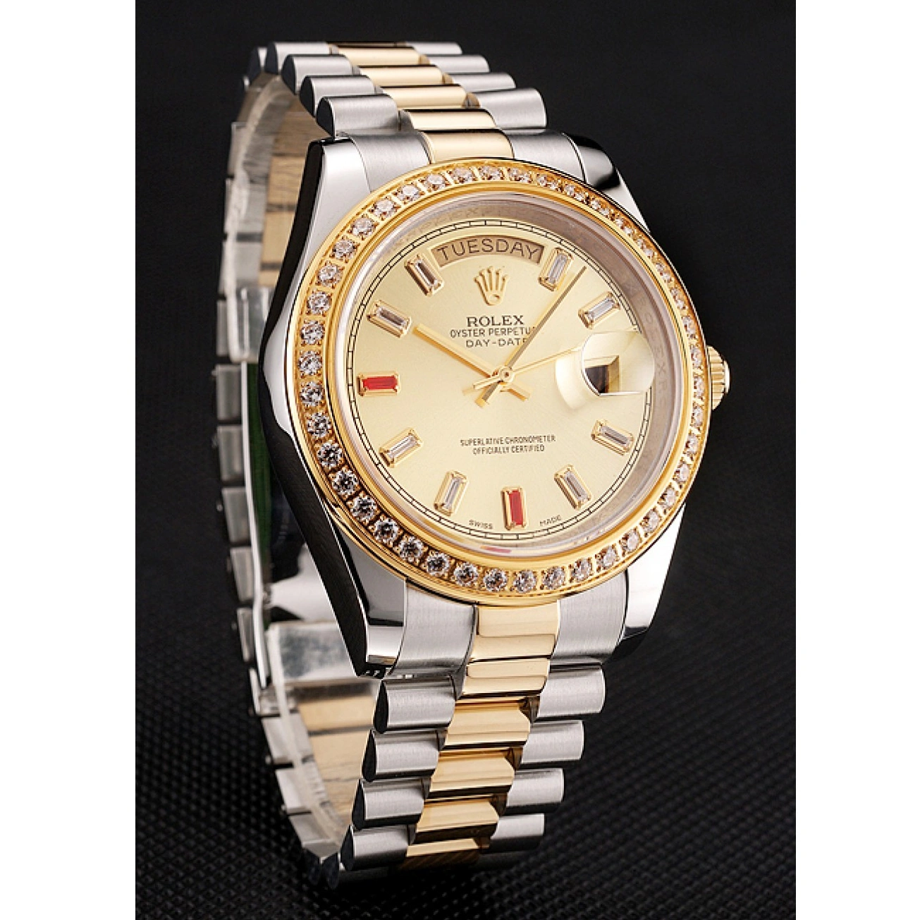 RepTime Watches 0224 Swiss Rolex Day-Date Diamonds And Rubies Champagne Dial Two Tone Bracelet 1454104