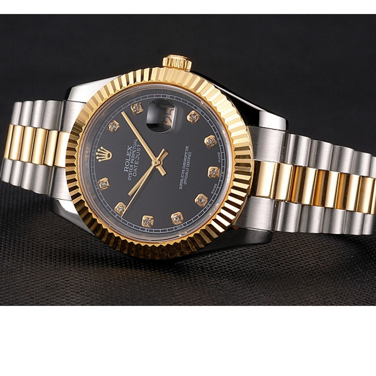 RepTime Watches 0217 Swiss Rolex Datejust Black Dial Stainless Steel Case Gold Bezel Two Tone Bracelet