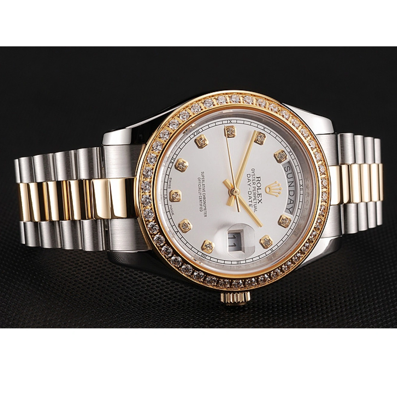 RepTime Watches 0219 Swiss Rolex Day-Date White Dial Gold Diamond Case Two Tone Stainless Steel Bracelet 1453971