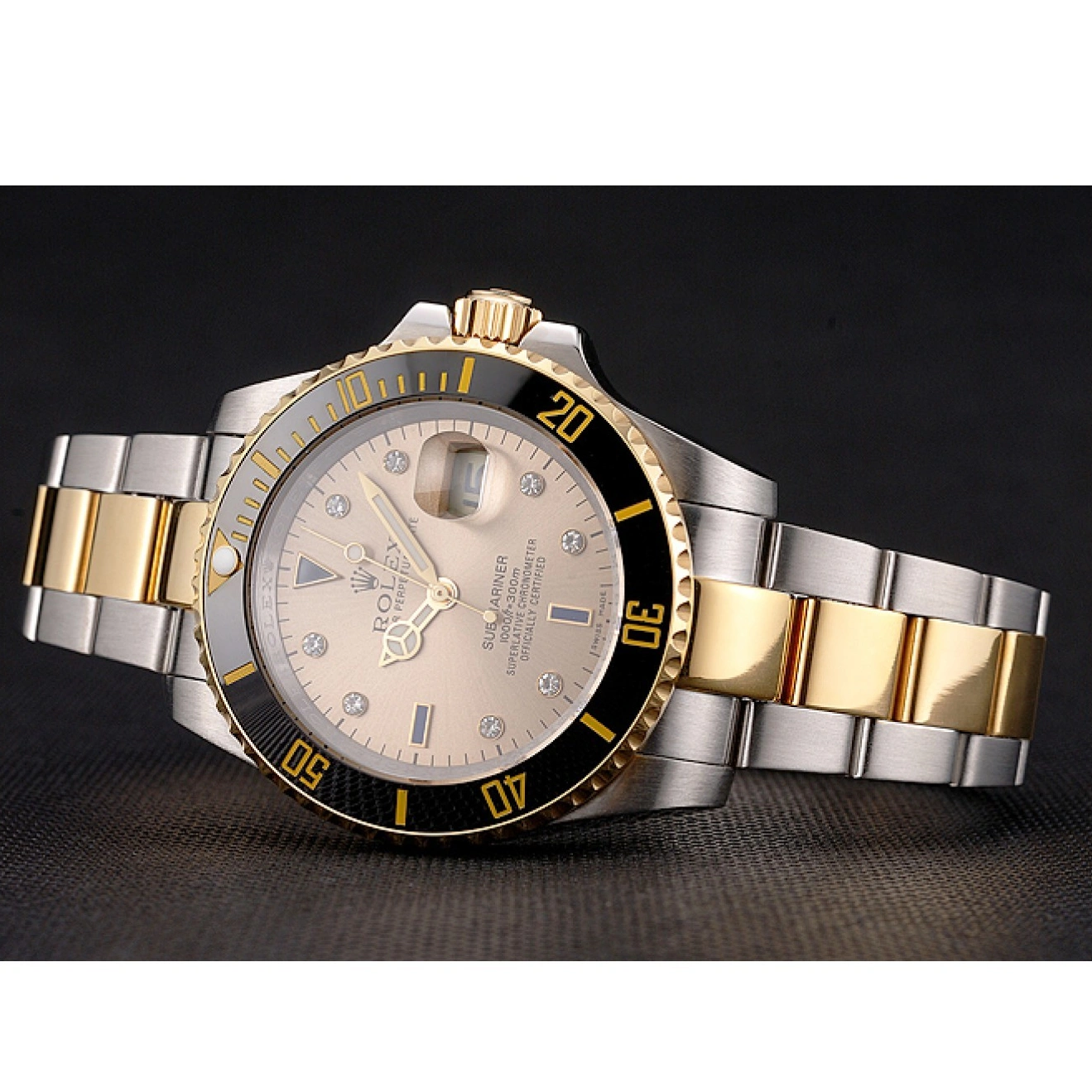 RepTime Watches 0215 Swiss Rolex Submariner Gold Dial Diamond Markings Black Bezel Two Tone Steel Gold Bracelet