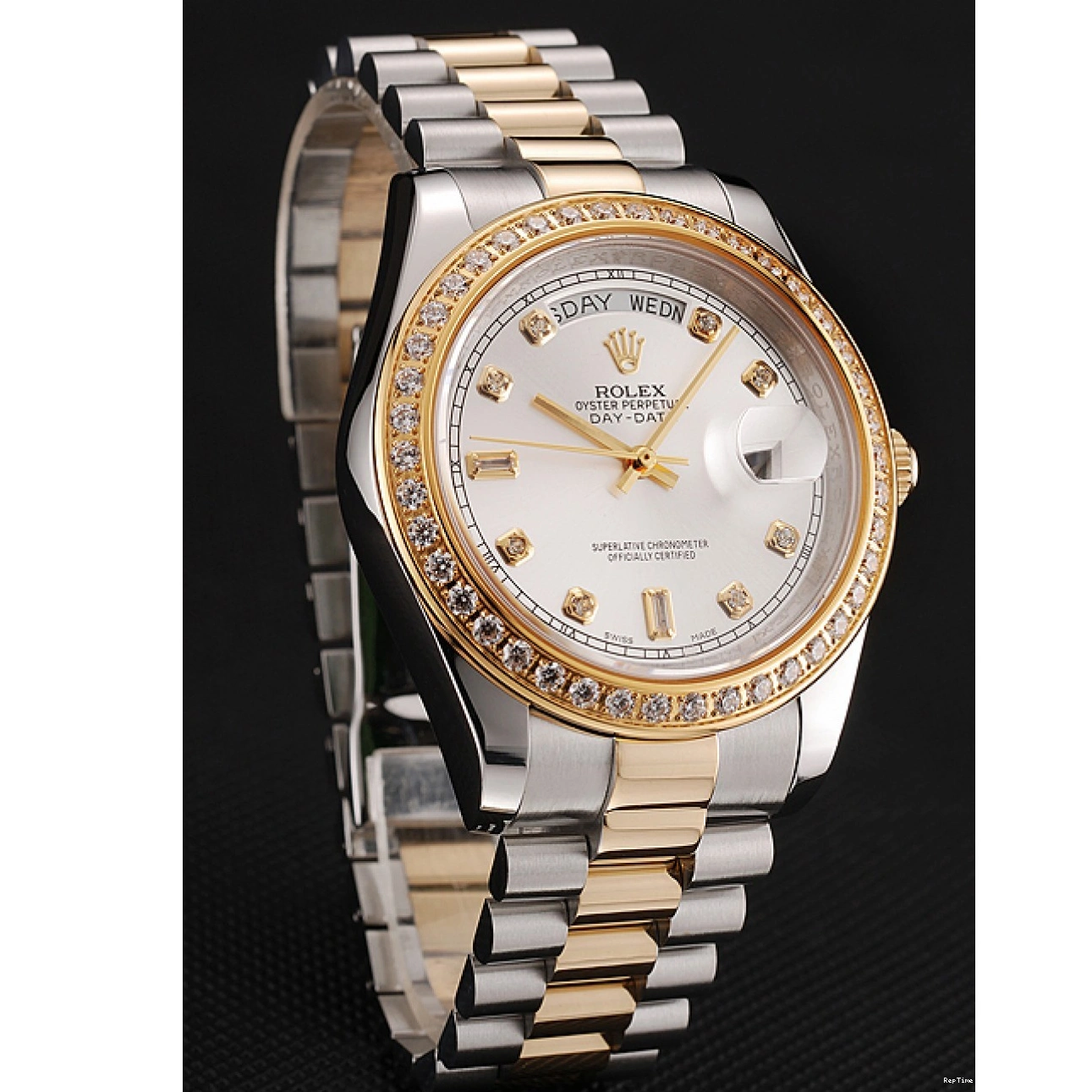 RepTime Watches 0224 Swiss Rolex Day-Date White Dial Gold Diamond Case Two Tone Stainless Steel Bracelet 1453972