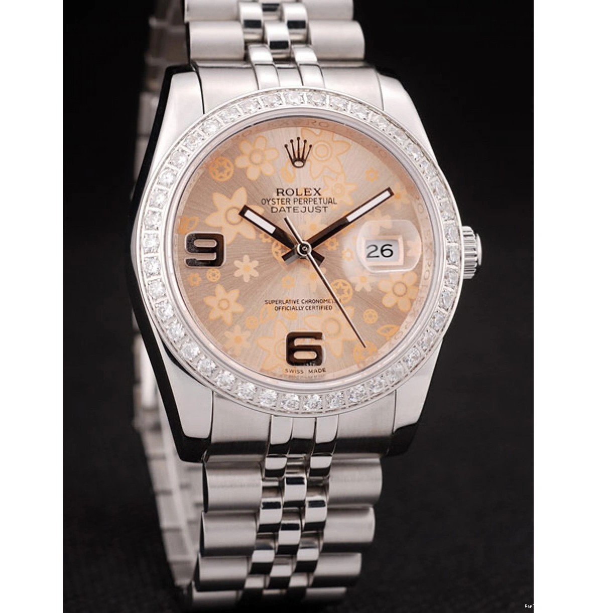 RepTime Watches 0208 Rolex DateJust Brushed Stainless Steel Case Orange Flowers Dial Diamonds Plated