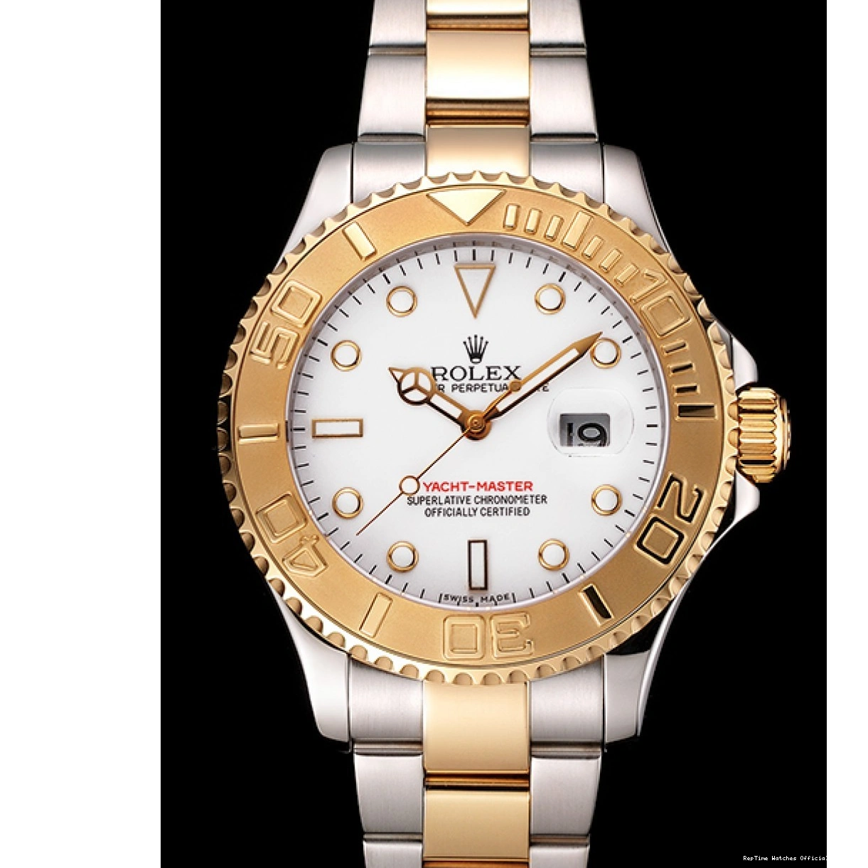 RepTime Watches 0219 Rolex Yacht-Master White Dial Gold Bezel Stainless Steel Case Two Tone Bracelet