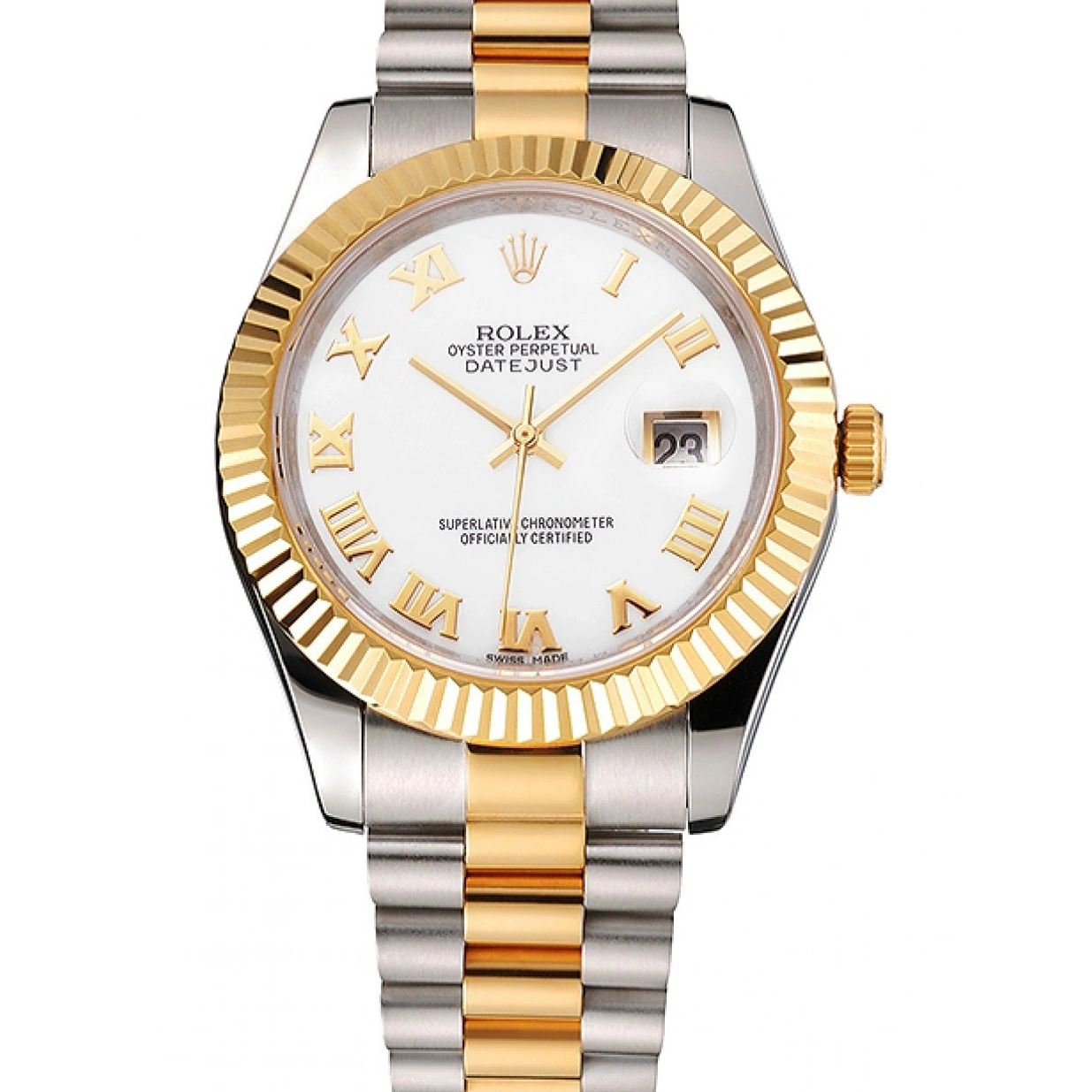 RepTime Watches 0219 Swiss Rolex Datejust White Dial Roman Numerals Gold Bezel Stainless Steel Case Two Tone Bracelet