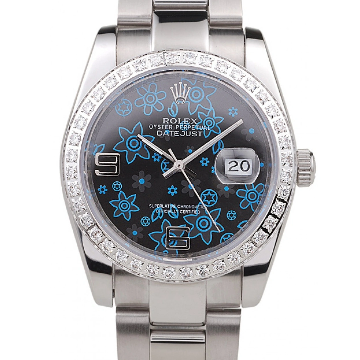 RepTime Watches 0227 Rolex Datejust Polished Stainless Steel Dark Blue Flowers Dial Diamond Plated