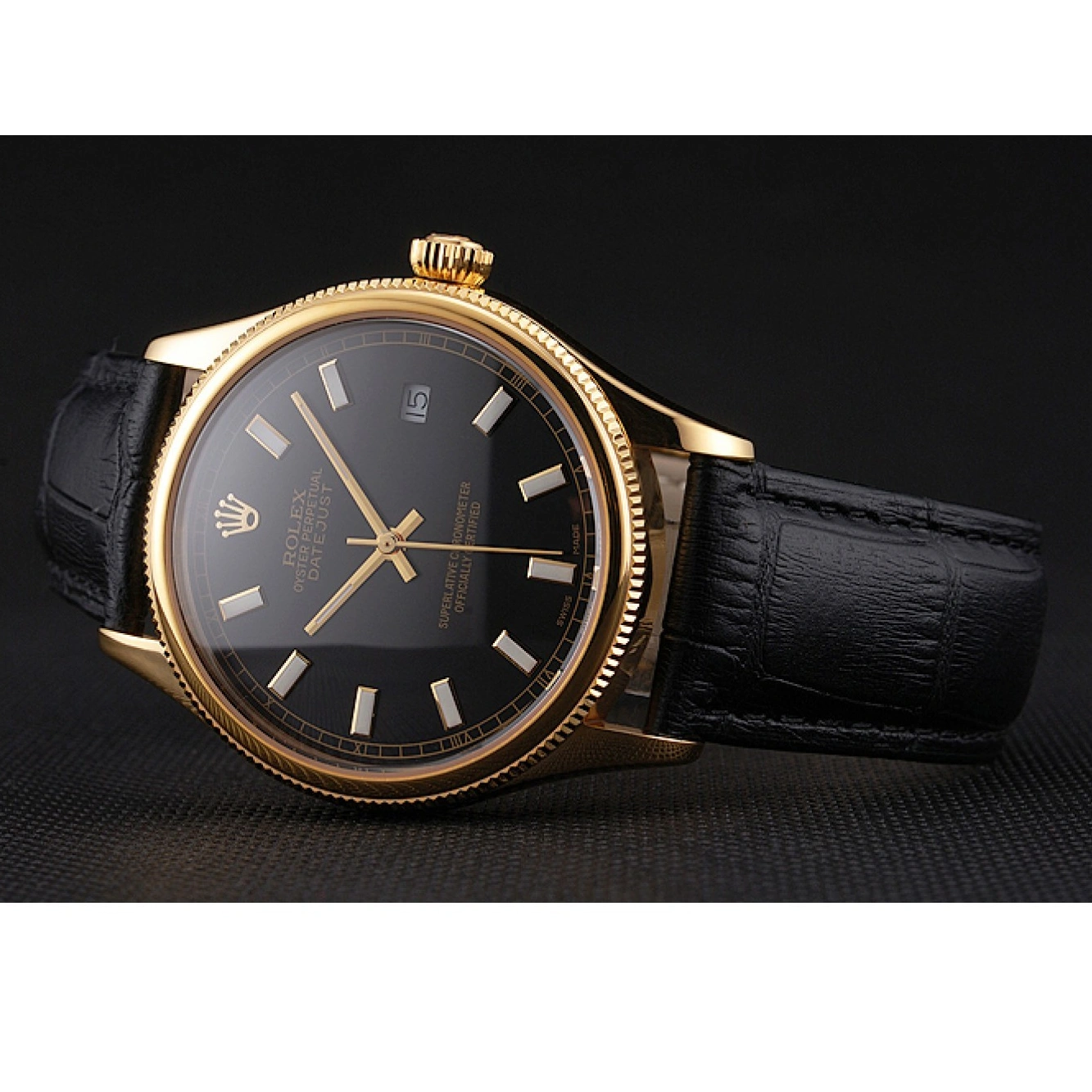 RepTime Watches 0215 Swiss Rolex Datejust Black Dial Gold Case Black Leather Strap