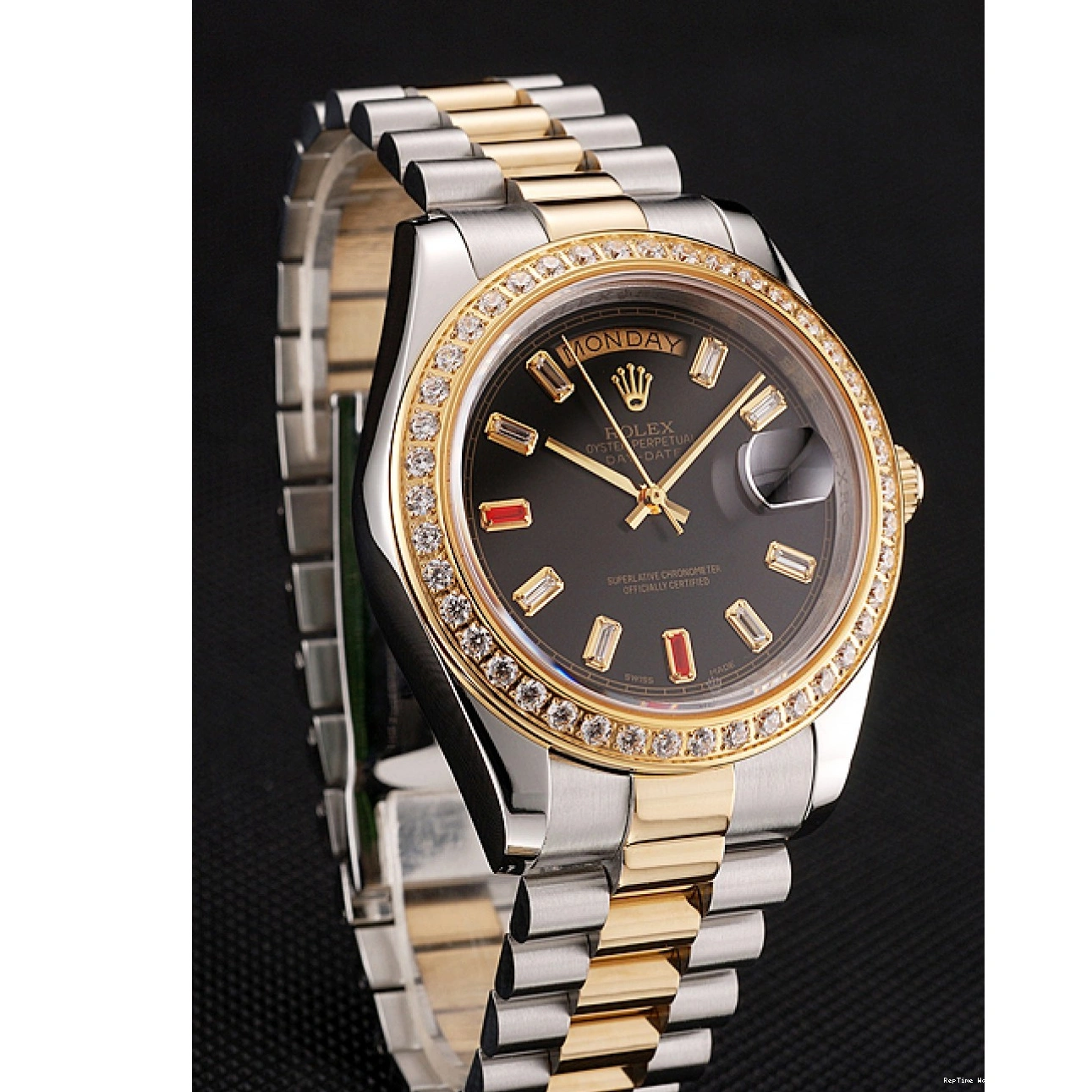 RepTime Watches 0223 Swiss Rolex Day-Date Diamonds And Rubies Black Dial Two Tone Bracelet 1454105