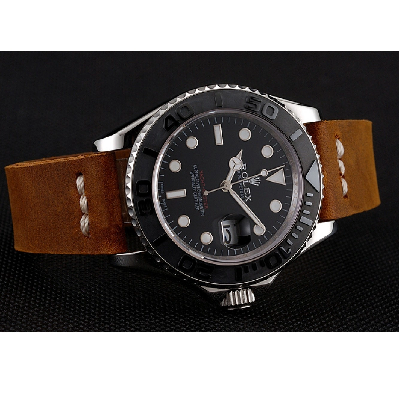 RepTime Watches 0210 Rolex Yacht Master Black Dial Silver Case Brown Leather Bracelet 1453859