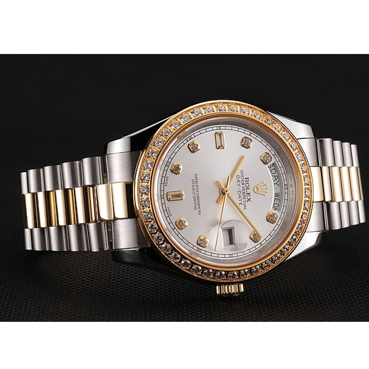 RepTime Watches 0224 Swiss Rolex Day-Date White Dial Gold Diamond Case Two Tone Stainless Steel Bracelet 1453972