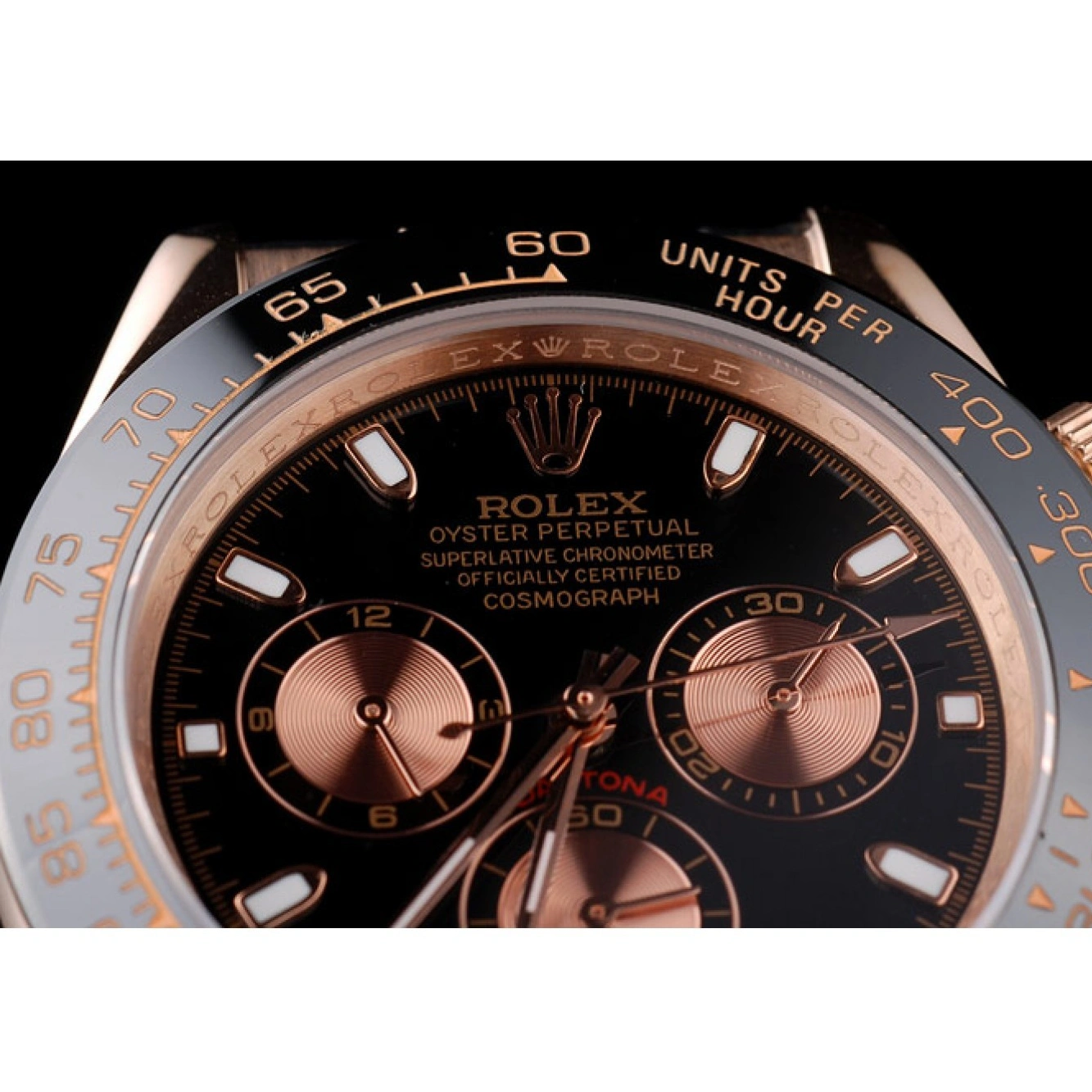 RepTime Watches 0219 Rolex Daytona Rose Gold Case Black Dial Black Leather Strap