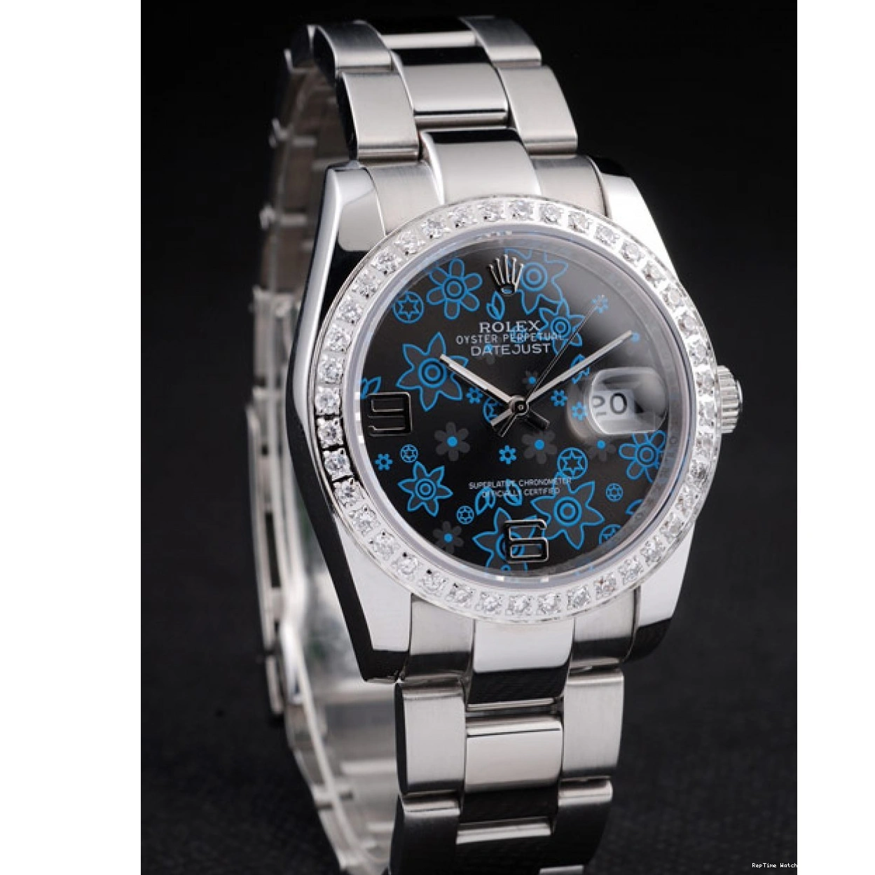 RepTime Watches 0227 Rolex Datejust Polished Stainless Steel Dark Blue Flowers Dial Diamond Plated