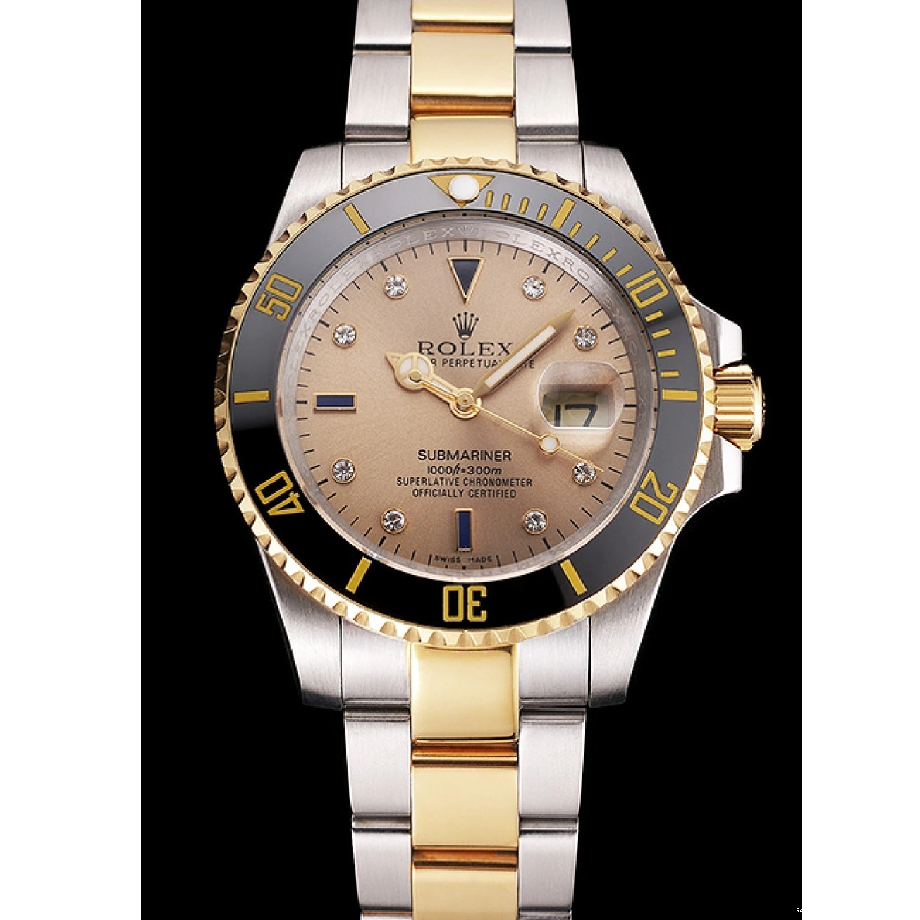 RepTime Watches 0215 Swiss Rolex Submariner Gold Dial Diamond Markings Black Bezel Two Tone Steel Gold Bracelet