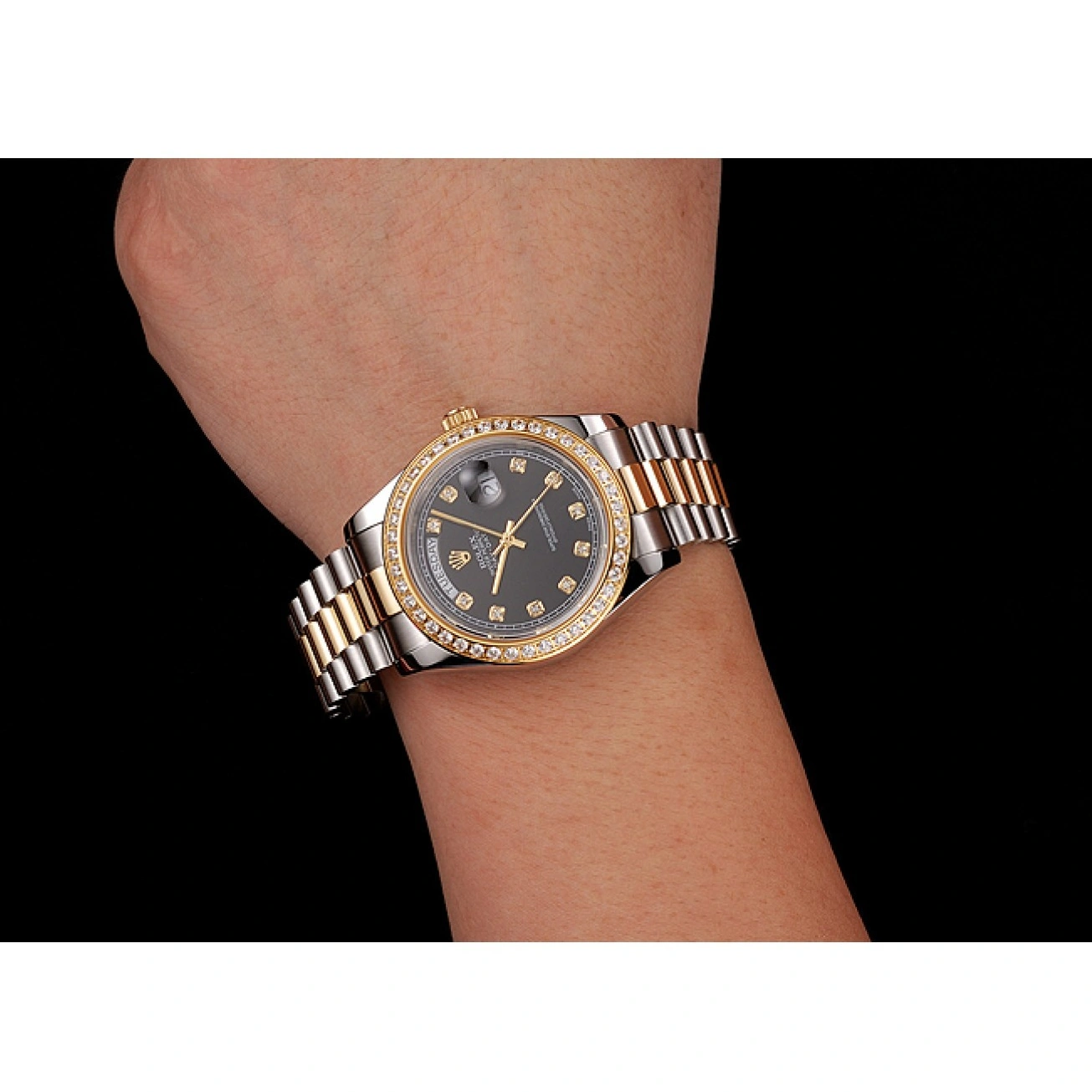 RepTime Watches 0215 Swiss Rolex Day-Date Black Dial Gold Diamond Case Two Tone Stainless Steel Bracelet 1453975