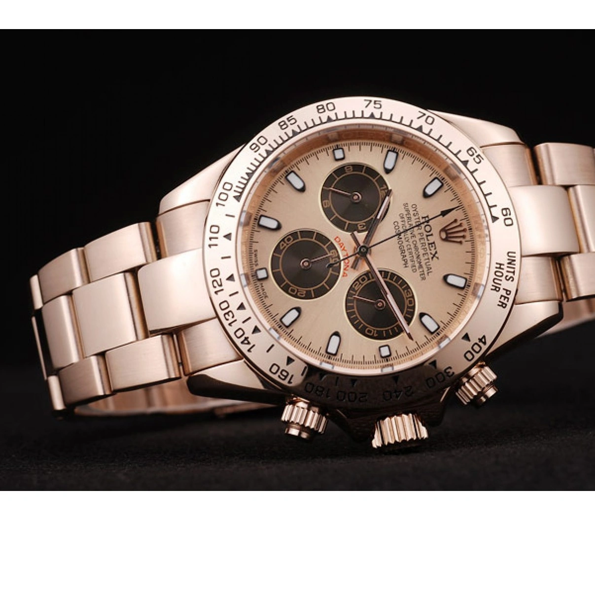 RepTime Watches 0218 Rolex Daytona Rose Gold Plated Stainless Steel Bezel Rose Gold Dial