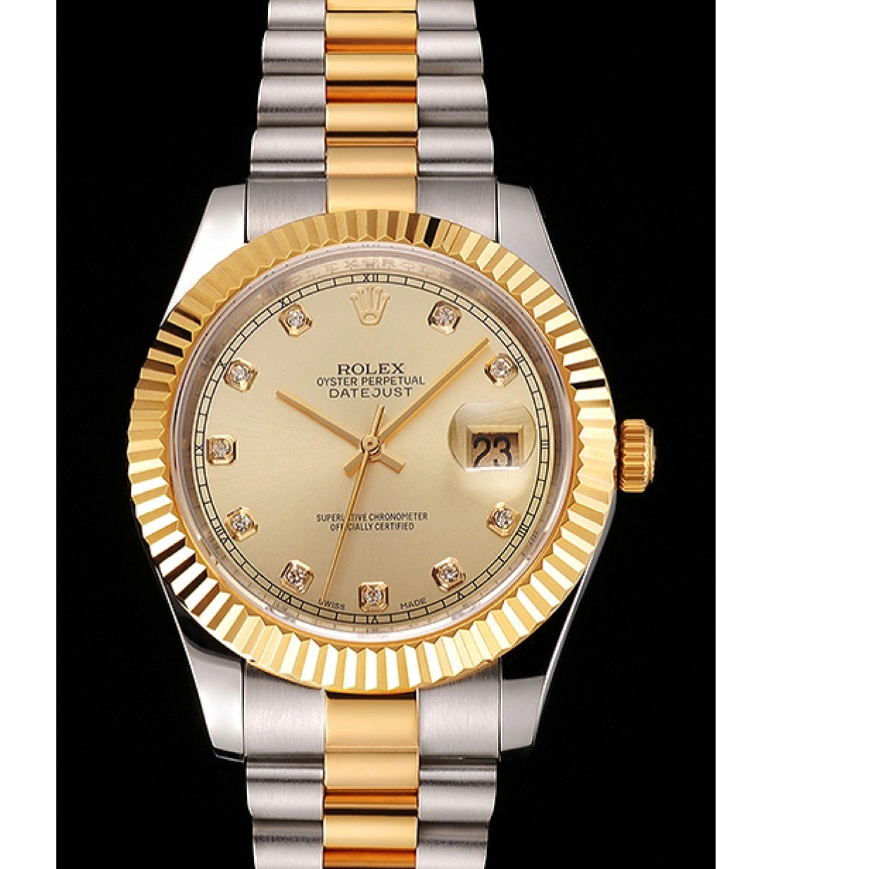 RepTime Watches 0225 Swiss Rolex Datejust Gold Dial And Bezel Stainless Steel Case Two Tone Bracelet