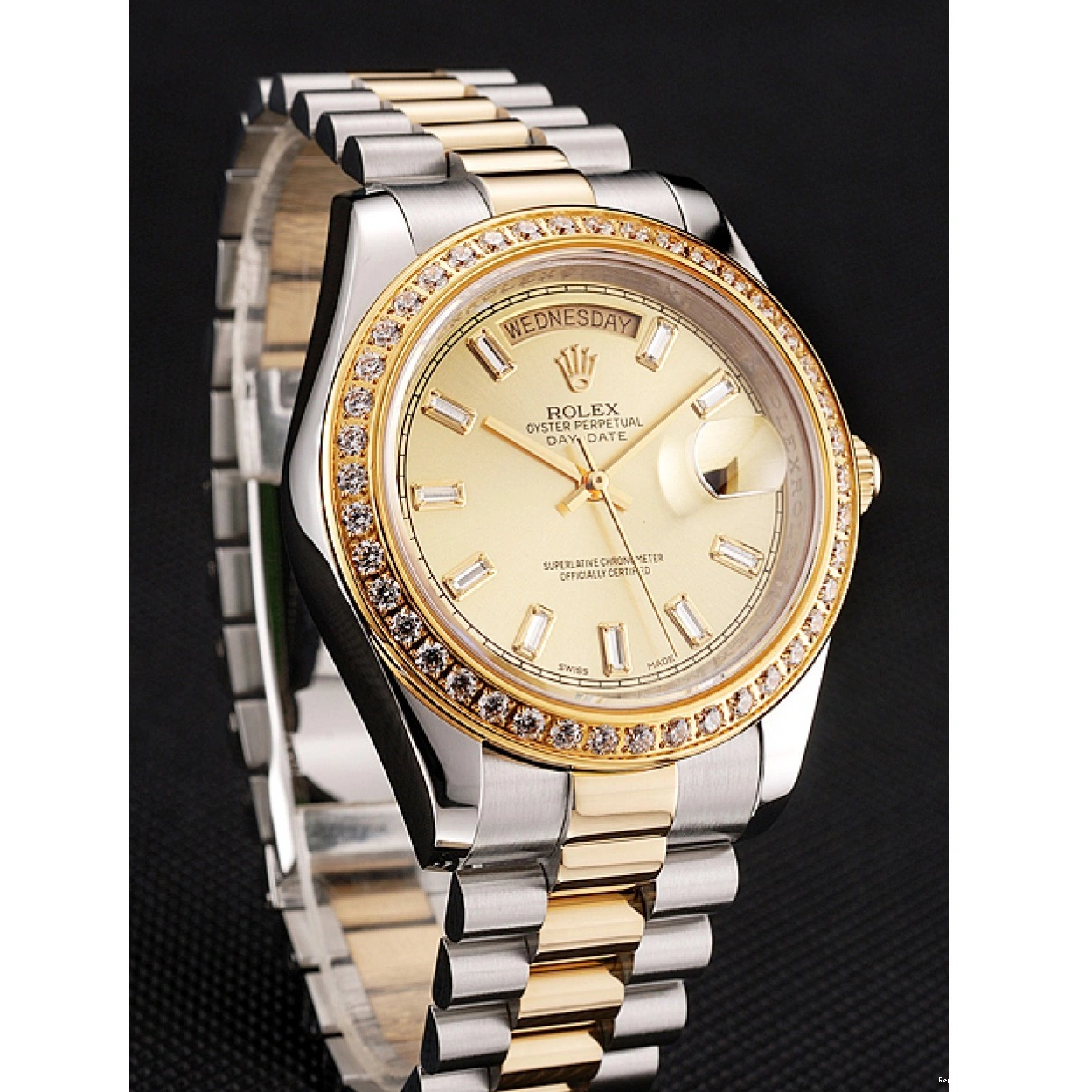 RepTime Watches 0215 Swiss Rolex Day-Date Champagne Dial Diamond Bezel Two Tone Bracelet 1454103